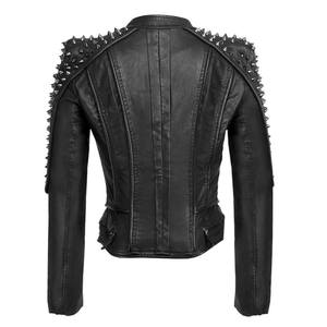 Women's PU <b>Leather</b> Moto Jacket With Shoulder <b>Rivets</b> Zipper Closure Spread Collar Full Sleeve Autumn Style - Product Image 3