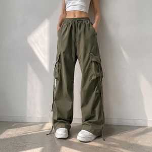 Pantalons cargo pour femmes |   Pantalons à jambes larges |   Pantalon taille haute à cordon de serrage |   Pantalon utilitaire coupe ample |   Vêtements de rue décontractés - Product Image 1