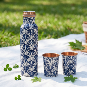 Ensemble de bouteille et de tasse en cuivre, motif oriental bleu et blanc, vaisselle portable pour l'extérieur - Product Image 1