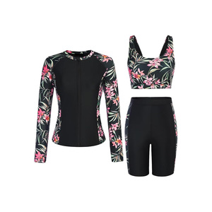 Ensemble de maillot de bain 3 pièces pour femmes, manches longues, fermeture éclair sur le devant, séchage rapide, imprimé, motif Paisley noir et blanc - Product Image 1