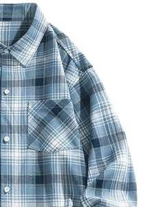 Camisa casual a cuadros azul claro para hombre, de algodón y poliéster, manga larga, con botones, para venta al por mayor, OEM, exportación, cadena de suministro - Product Image 2