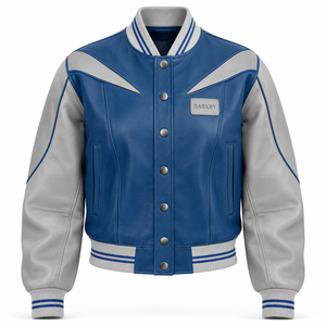 แจ็คเก็ตหนังแท้สีน้ำเงินกรมท่าสำหรับผู้หญิง แบบ Varsity  ตกแต่งด้วยเพชรที่ด้านหลัง  กระดุมแป๊กสองสี  เสื้อคลุมเบสบอล - Product Image 1