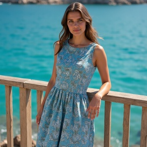 Vestido Midi de Algodón Transpirable, Dulce y Elegante para Mujer, Estampado Floral, Color Azul Polvo, Hecho a Mano en India, Silueta Fruncida - Product Image 2