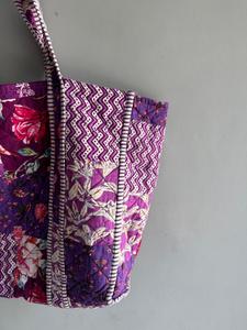 Quilted Cotton Tote Bag Patchwork Floral Shoulder Handbag Zipper Closure Large Capacity for Shopping Travel gift for her - Product Image 3