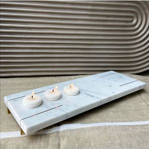 Wholesale Luxury White Marble Serving Tray Bulk Hotel Platter with Elegant Brass Inlay and Minimalist Gold Metal Footed <b>Stand</b> - Product Image 1