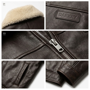Chaqueta de Cuero Personalizada para Hombre con Cuello de Borrego, Abrigo de Aviador de Piel Marrón Oscuro, Ropa Exterior de Cuero Vacuno Auténtico, Proveedor Mayorista de Fábrica - Product Image 6