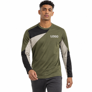 T-shirt d'entraînement pour homme à manches longues, color-block, séchage rapide, en polyester, col rond, coupe classique, décontracté, avec logo frontal - Product Image 3