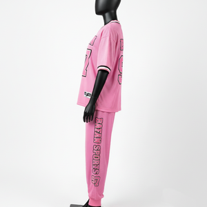 Ensemble de pantalons en jersey de polyester premium 180 GSM, rose, avec col et poignets contrastés, logo personnalisé, pour femme - Product Image 6