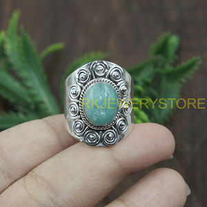 Natural Amazonite Gemstone <b>Ring</b> 925 Sterling Silver Handmade Boho Vintage <b>Statement</b> <b>Ring</b> Oval Cabochon Wide Band Jewelry for Men - Product Image 6