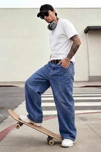 Men's Wide Leg <b>Jeans</b> High Waist Loose Fit Casual Denim Pants 100% Cotton Woven Material <b>Chain</b> Decoration - Product Image 3