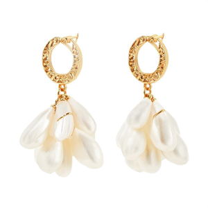 Peacock Style Brass Flower Small Jhumki Drop Earrings-24K Gold Plated Imitation Pearl Tassel Bohemian Wedding Religious Jewelry - Product Image 2