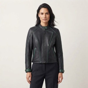 <b>Women's</b> Black Genuine Leather Moto <b>Jacket</b> With Green Contrast Stitching Full <b>Sleeve</b> Stand Collar Zipper Closure Autumn Style - Product Image 2