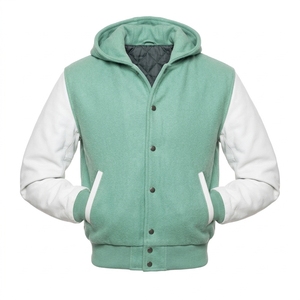 Chaqueta Varsity Azul de Lana para Hombre con Capucha, Mangas de Cuero Blanco, Diseño Color Block, Cierre de Botones, Abrigo de Invierno - Product Image 3