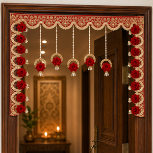 Premium Red Rose Embroidered Toran with Pearl Tassels and Golden Lace Decorative Door Hanging for Wedding and Home Decor - Product Image 1
