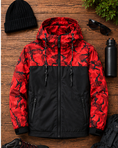 Veste d'hiver pour homme, coupe régulière, en polyester, coupe-vent, respirante, à fermeture éclair, couleur rouge unie, style sportif streetwear - Product Image 4