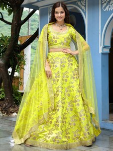 Yellow Floral Embroidered <b>Lehenga</b> Choli with Organza Dupatta Scoop Neck Short Sleeve A-Line Floor-Length Bridesmaid Dress - Product Image 4
