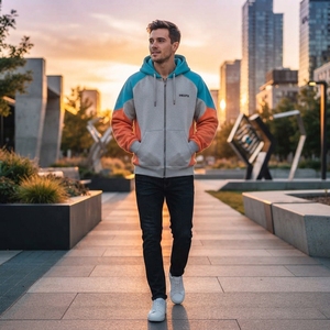 Men's Teal <b>Orange</b> Color Block Pullover <b>Hoodie</b> Fleece Oversized Eco-Friendly Rhinestone Streetwear Jacket Casual Sportswear - Product Image 4
