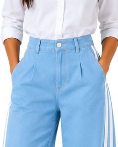 <b>Light</b> Blue Women High Waist Wide Leg Denim Jeans With White Side Stripe Loose Fit Cotton Denim Pants Casual Streetwear <b>Trousers</b> - Product Image 3