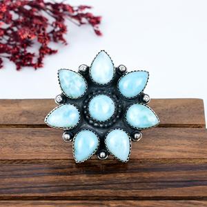 Anillo de Flor de Larimar, Plata de Ley 925, Gema Azul, Anillo Floral, Joyería Boho Hecha a Mano, Regalo para Ella - Product Image 6