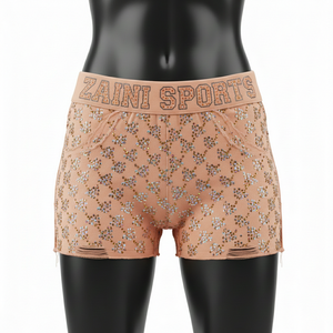 Shorts de mujer con cintura elástica, malla premium, elastano, pedrería termoadhesiva y logotipo personalizado. - Product Image 1