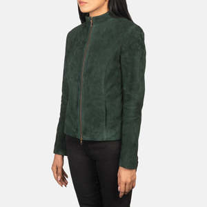 Flashback Green <b>Suede</b> Biker Motorcycle <b>Jacket</b> Windproof Genuine Leather Knitted Zipper Closure Spread Collar Solid Finished - Product Image 5