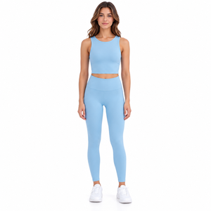 Custom Women Pastel Blue 2 Piece Activewear Set Sleeveless Crop Top and High Waist Leggings Yoga Gym Workout Sportswear - Product Image 1