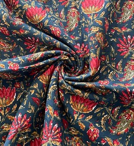 Navy Blue Lightweight Hand Block Printed Cotton Fabric <b>Red</b> Floral Paisley Jaipur Sanganeri Dress <b>Material</b> Home Decor Girls - Product Image 3