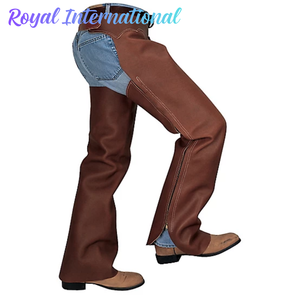 Chaps de cowboy en cuir marron faits à la main Royal International pour l'équitation, la protection des jambes, le rodéo, la ferme et la moto - Product Image 1