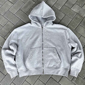 เสื้อฮู้ดซิปปักคริสตัลสีดำ ผ้าฝ้าย 100% ทรงโอเวอร์ไซส์ สไตล์สตรีทแวร์ สำหรับผู้ชาย - Product Image 4