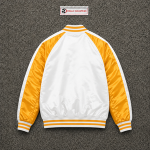 Veste universitaire en satin blanc et jaune doré pour homme, veste bomber de baseball brillante de qualité supérieure avec manches raglan contrastées rayées - Product Image 6