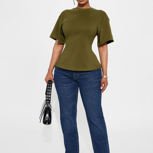 T-shirt de sport et yoga côtelé 100 % coton pour femme, avec fermeture éclair au dos, col rond, coupe ajustée, couleur olive, décontracté, manches courtes, uni, respirant - Product Image 3