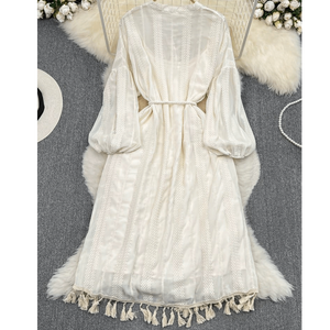 Vestido midi bohemio para mujer con borlas, cintura con lazo y paneles de encaje - Product Image 5