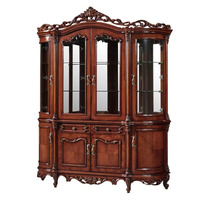 Vitrine artisanale en bois massif de style français antique avec sculptures ornées et panneaux en verre pour salon ou hôtel