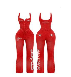 จั๊มสูทผู้หญิงสีชมพูเอวสูงสไตล์ Y2K สายเดี่ยวแบบสปาเก็ตตี้ ติดกระดุมด้านหน้า รูดเชือกปรับเอว ความยาวเต็มตัว ผ้าฝ้ายผสมสแปนเด็กซ์ - Product Image 6