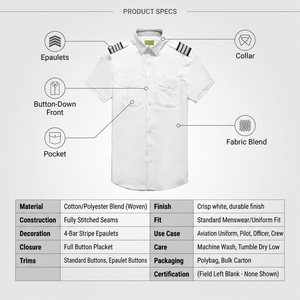 Chemise d'uniforme de pilote à manches courtes pour homme - Épaulettes blanches, tenue de travail professionnelle pour officier de sécurité aérienne - Product Image 5