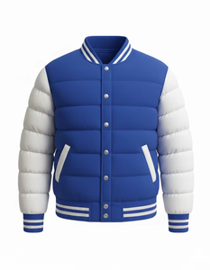 <b>Men</b>’s Royal Blue & <b>White</b> Varsity Puffer <b>Jacket</b> Winter Quilted Bomber Coat Snap Button Streetwear Custom Logo - Product Image 1