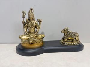 Antique Brass Lord Shiva Idol Nandi Set Wooden Base Handcrafted Meditating Adiyogi Shiva <b>Statue</b> Trishul Outdoor Tabletop - Product Image 5