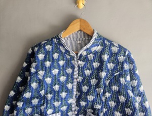 Blue Floral <b>Quilted</b> <b>Jacket</b> With Stand Collar Full Sleeve Pullover Women's Autumn Outerwear GIFT FOR HER - Product Image 4