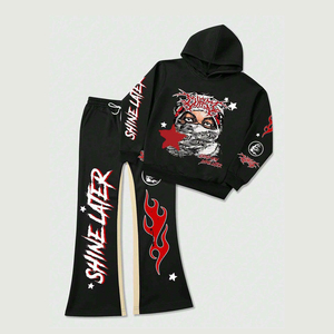 Survêtement graphique Flame Star imprimé DTG, sweat à capuche et pantalon évasé, streetwear premium unisexe, mode automne pour homme et femme - Product Image 2