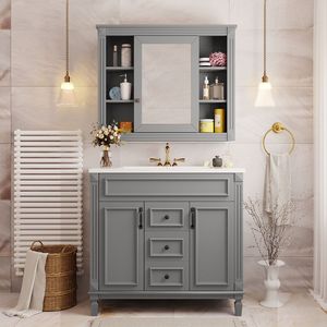 Mobile Bagno Moderno da 90 cm con Lavabo Integrato, Specchio, 2 Ante a Chiusura Ammortizzata e 2 Cassetti - Soluzione Salvaspazio per il Bagno - Product Image 3