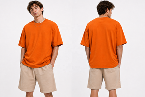 เสื้อยืดโอเวอร์ไซส์สีส้มสำหรับผู้ชาย ผ้าฝ้าย 100% คอกลม แขนสั้น ปักลายด้านหน้า เสื้อเปล่าสไตล์สตรีทแวร์ลำลองสำหรับฤดูร้อน - Product Image 4