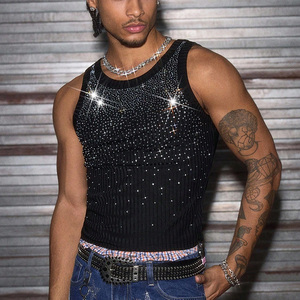 Premium Quality Custom Rhinestones Knitted Casual Tank <b>Tops</b> Custom <b>Sleeveless</b> for Men - Product Image 1