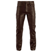 Celana Biker Pria Warna Cokelat Berlapis PU, Pinggang Tinggi, Potongan Lurus, Kantong Samping, Bahan Tenun Tebal, Kancing Depan, Gaya Musim Gugur
