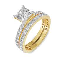 Bague de fiançailles en moissanite taille princesse avec double rangée de pierres rondes et alliance classique plaquée or à deux branches pour femme