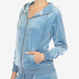 Conjunto Deportivo de Terciopelo Azul Claro para Niñas, Transpirable, Grueso, con Capucha, Manga Corta, Color Sólido, Cordón Ajustable en la Parte Delantera, Ropa Casual de Invierno - Product Image 6