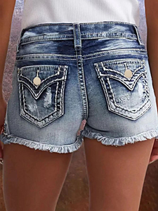 Shorts de Mezclilla Desgastados de Cintura Media para Mujer, con Dobladillo Deshilachado, Cierre con Cordón, Transpirables, 100% Algodón, Estilo Deportivo, Logotipo Personalizado - Product Image 2