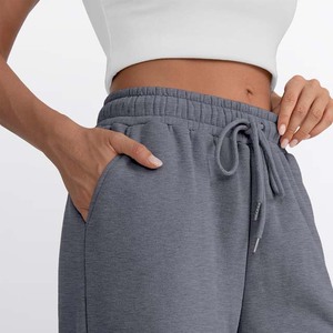 Knitted Cotton Loose Fit Autumn Wear Women's High Waist Wide Leg Drawstring Casual <b>Pants</b> Solid Gray Full Length Trousers - Product Image 3