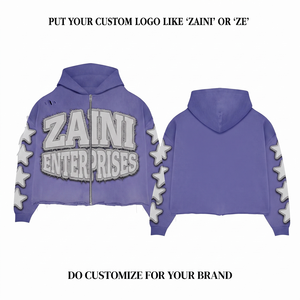 Sweat à capuche zippé en polyester/coton tissé 350 GSM avec logo personnalisé sur le devant, appliqué et brodé à bords bruts blancs, style streetwear - Product Image 1