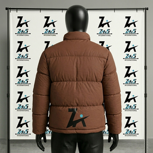 Men's Brown Canvas Puffer <b>Jacket</b> Windproof Zipper Closure Winter Coat Solid Color Thick Stand Collar Regular Fit Front Logo - Product Image 4