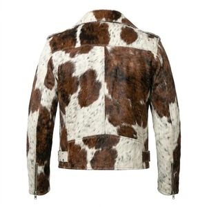 Unisex Cowhide Leather Biker <b>Jacket</b> Brown White Moto Coat with Belt and Zipper Front Pocket <b>Winter</b> Wear <b>Waterproof</b> - Product Image 2